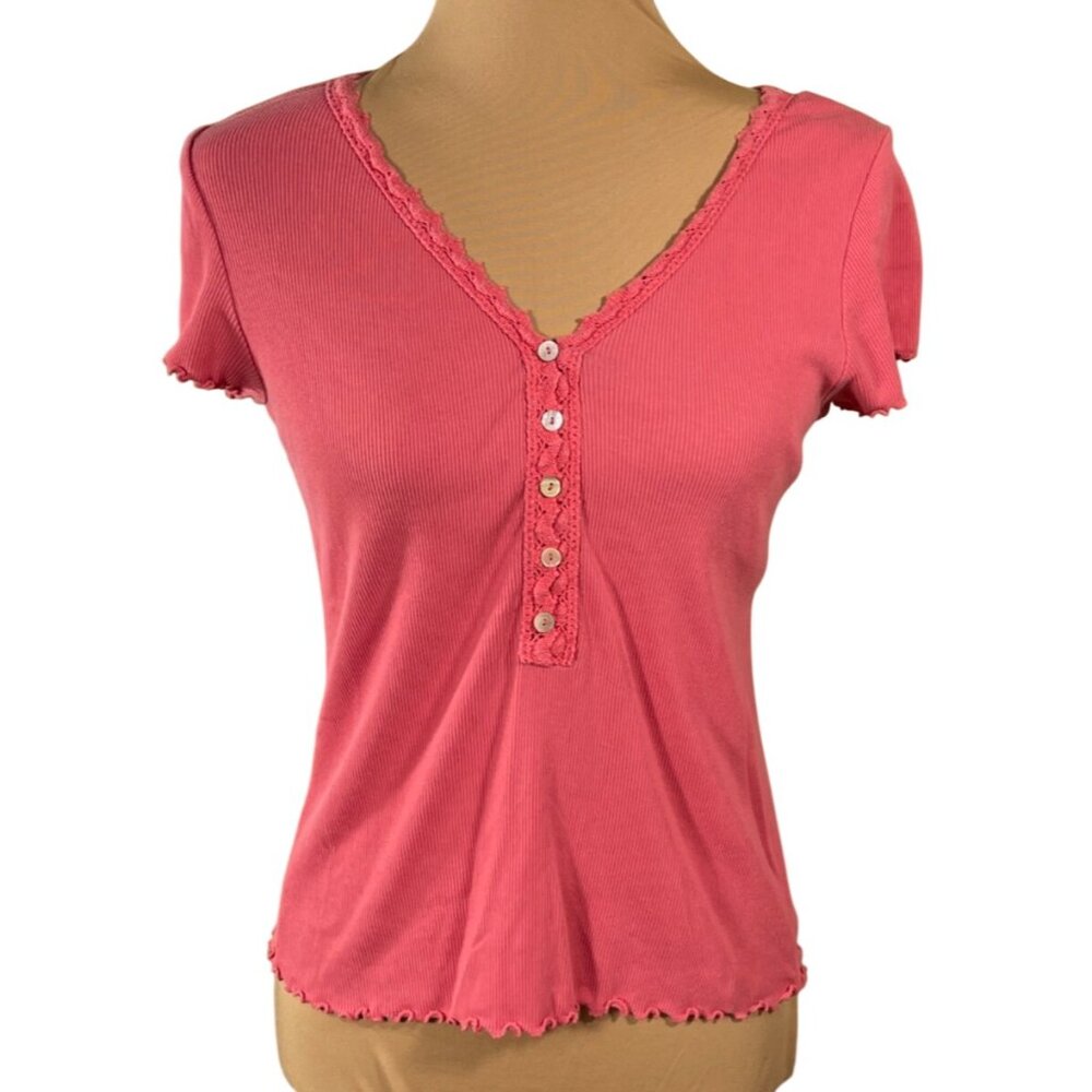 Talbots Ribbed Top Y2K V-Neck Coral Size M Medium Petite Short Sleeve Ruffle